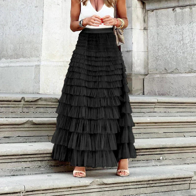 Jupe longue à volants superposés, taille haute, pour femme