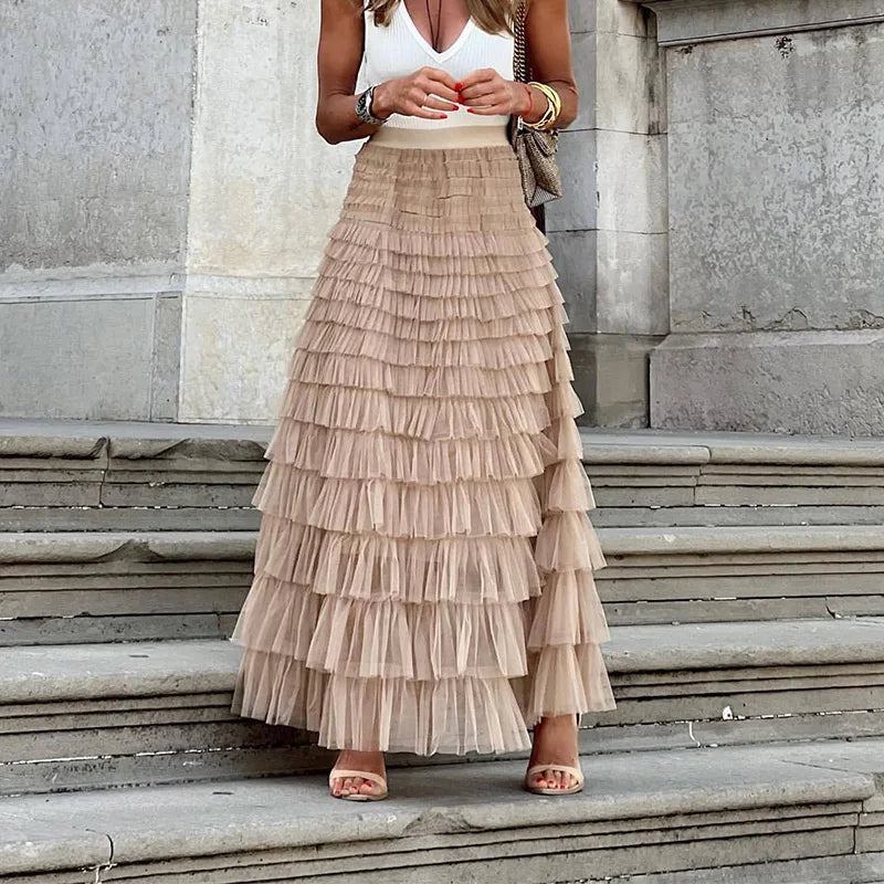 Jupe longue à volants superposés, taille haute, pour femme