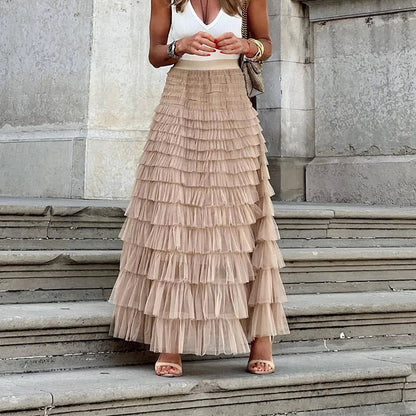 Jupe longue à volants superposés, taille haute, pour femme