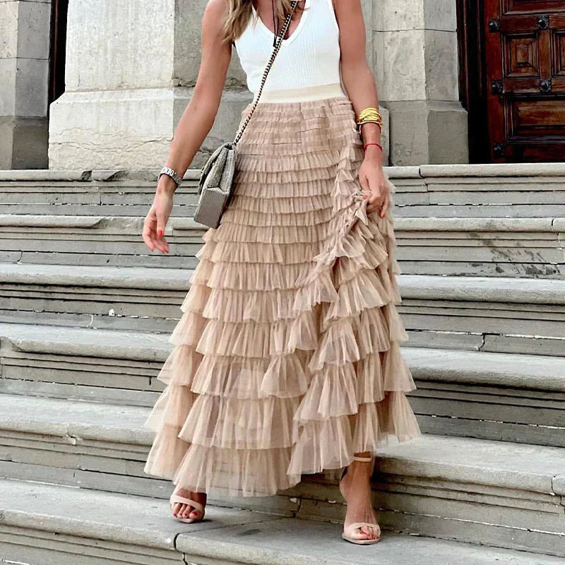 Jupe longue à volants superposés, taille haute, pour femme