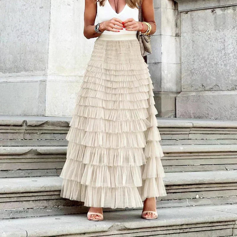 Jupe longue à volants superposés, taille haute, pour femme