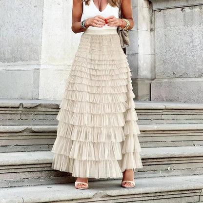Jupe longue à volants superposés, taille haute, pour femme