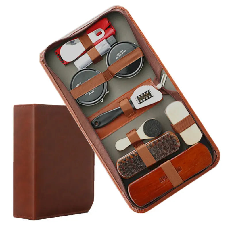 Kit d’entretien pour chaussures en cuir 9 pièces avec brosses en crin de cheval