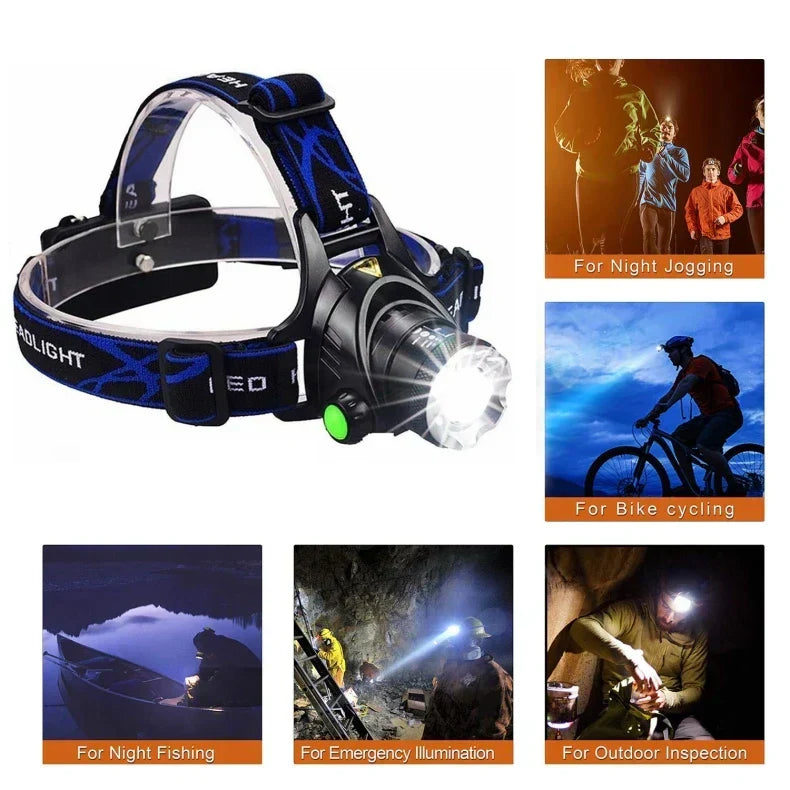 Lampe frontale LED puissante et étanche avec zoom et batterie rechargeable pour les activités de plein air