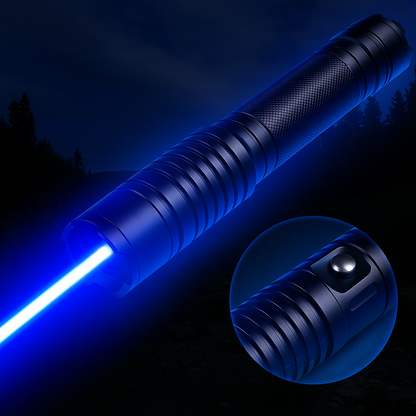 Lampe torche laser à faisceau bleu | sortie optique haute intensité 450 nm | portée tactique de 5 000 m+ | mise au point réglable, châssis en aluminium | capable d’allumage thermique