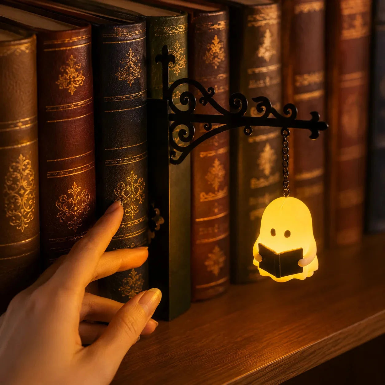 Lanterne miniature suspendue pour étagère à livres avec lueur LED chaude