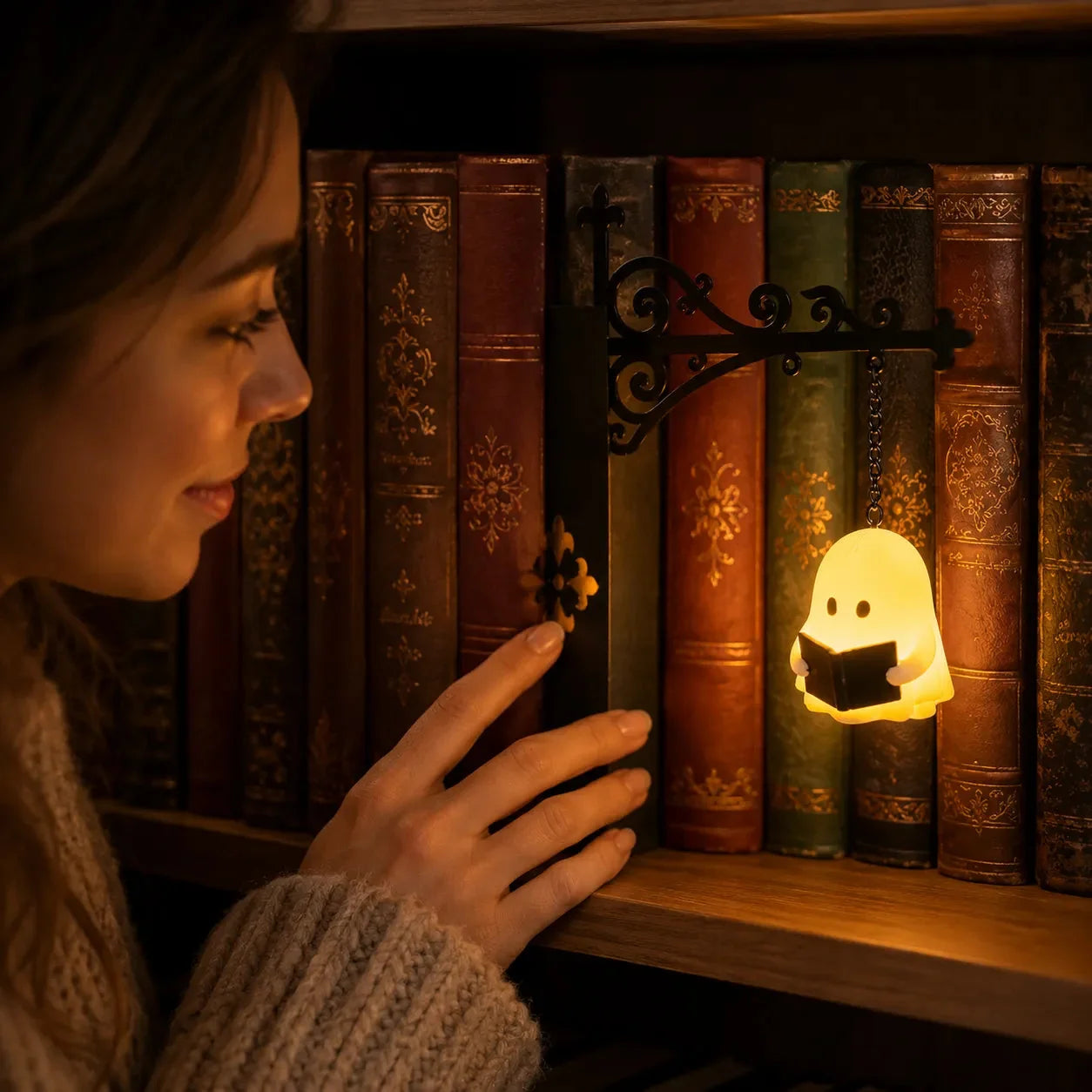 Lanterne miniature suspendue pour étagère à livres avec lueur LED chaude