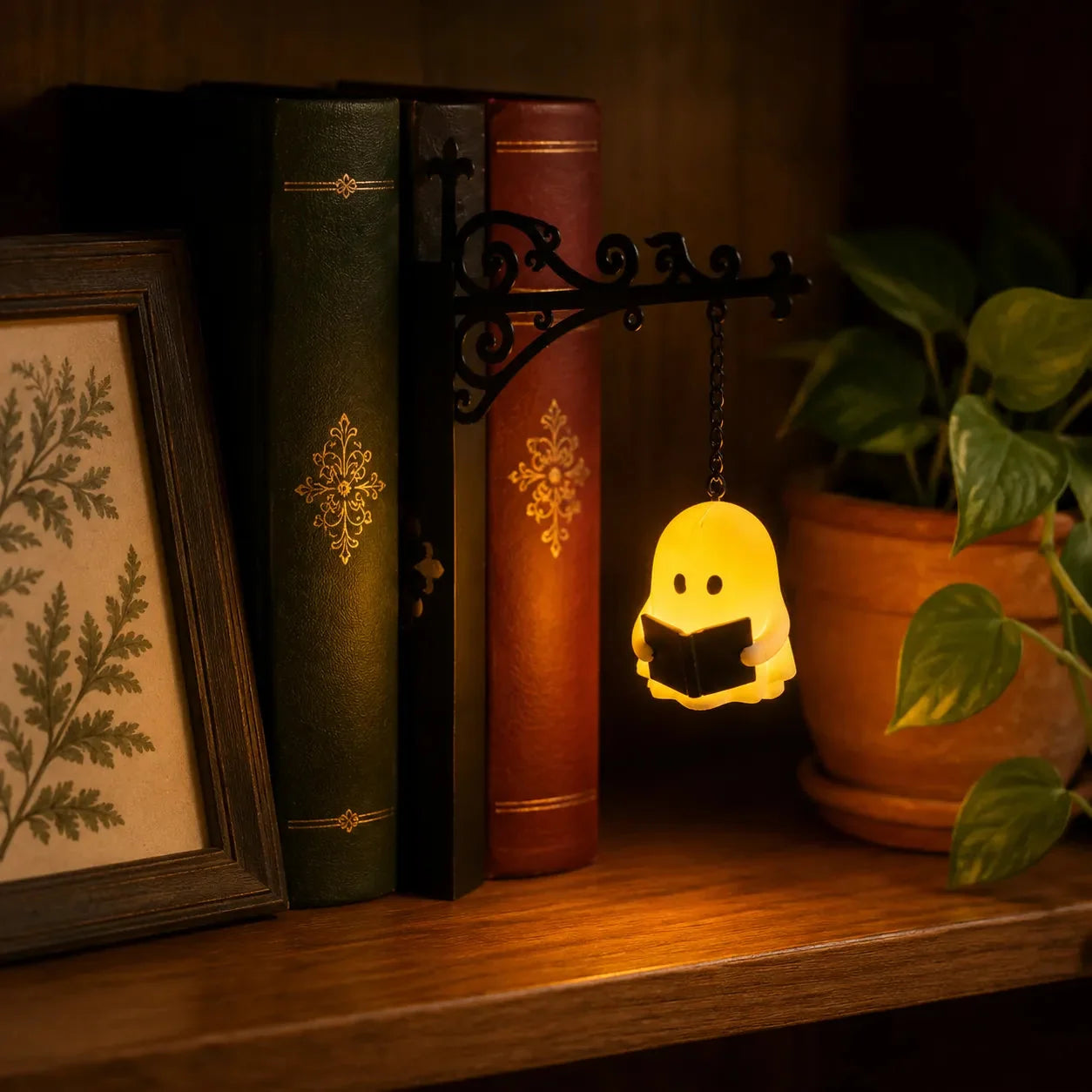Lanterne miniature suspendue pour étagère à livres avec lueur LED chaude