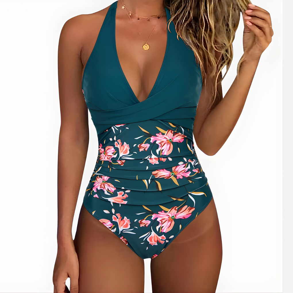 Maillot de bain une pièce à encolure tour de cou et devant froncé pour femme