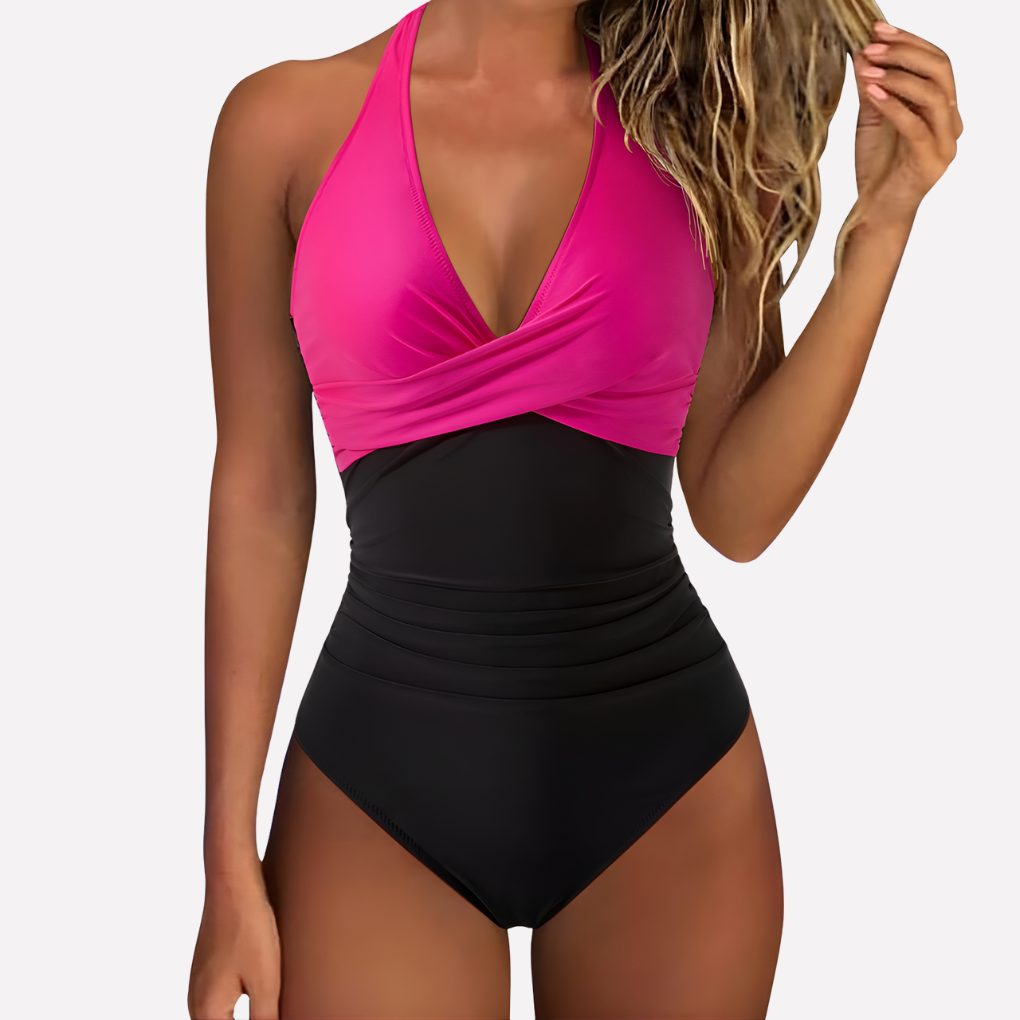 Maillot de bain une pièce à encolure tour de cou et devant froncé pour femme
