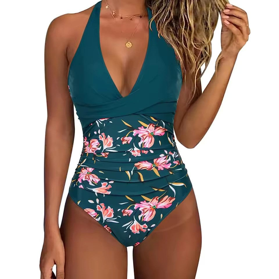 Maillot de bain une-pièce femme à tour de cou tropical