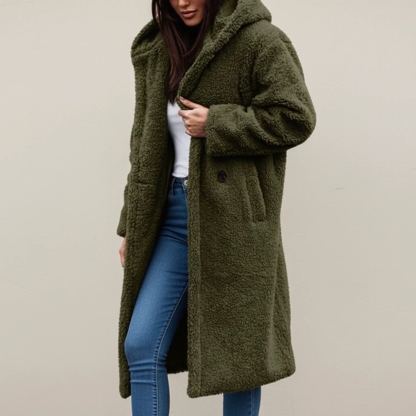 Manteau d'hiver long à capuche en teddy pour femme