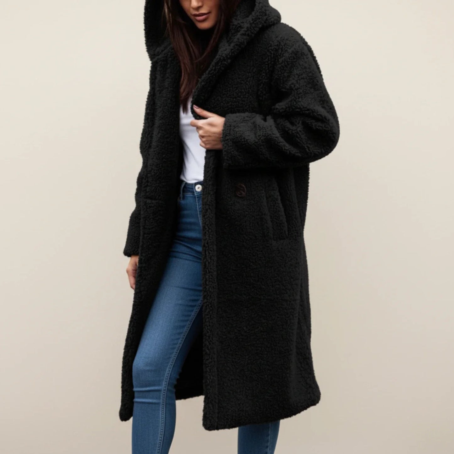 Manteau d'hiver long à capuche en teddy pour femme