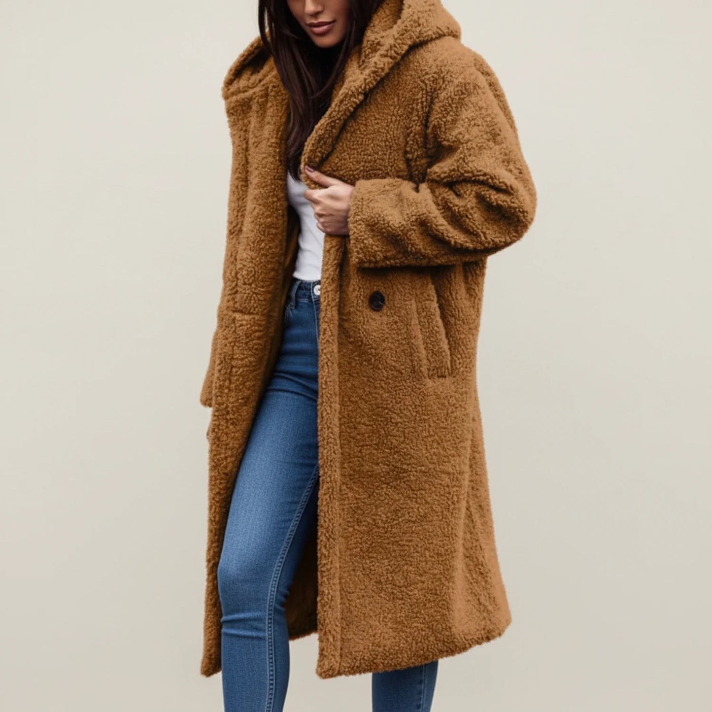 Manteau d'hiver long à capuche en teddy pour femme
