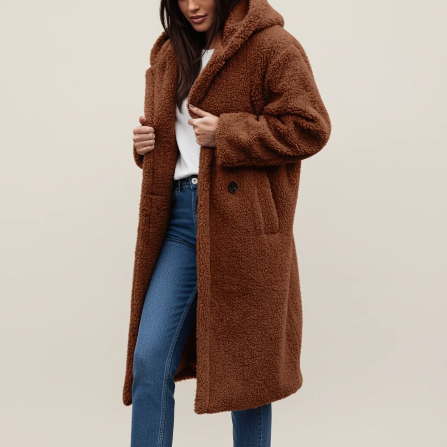 Manteau d'hiver long à capuche en teddy pour femme