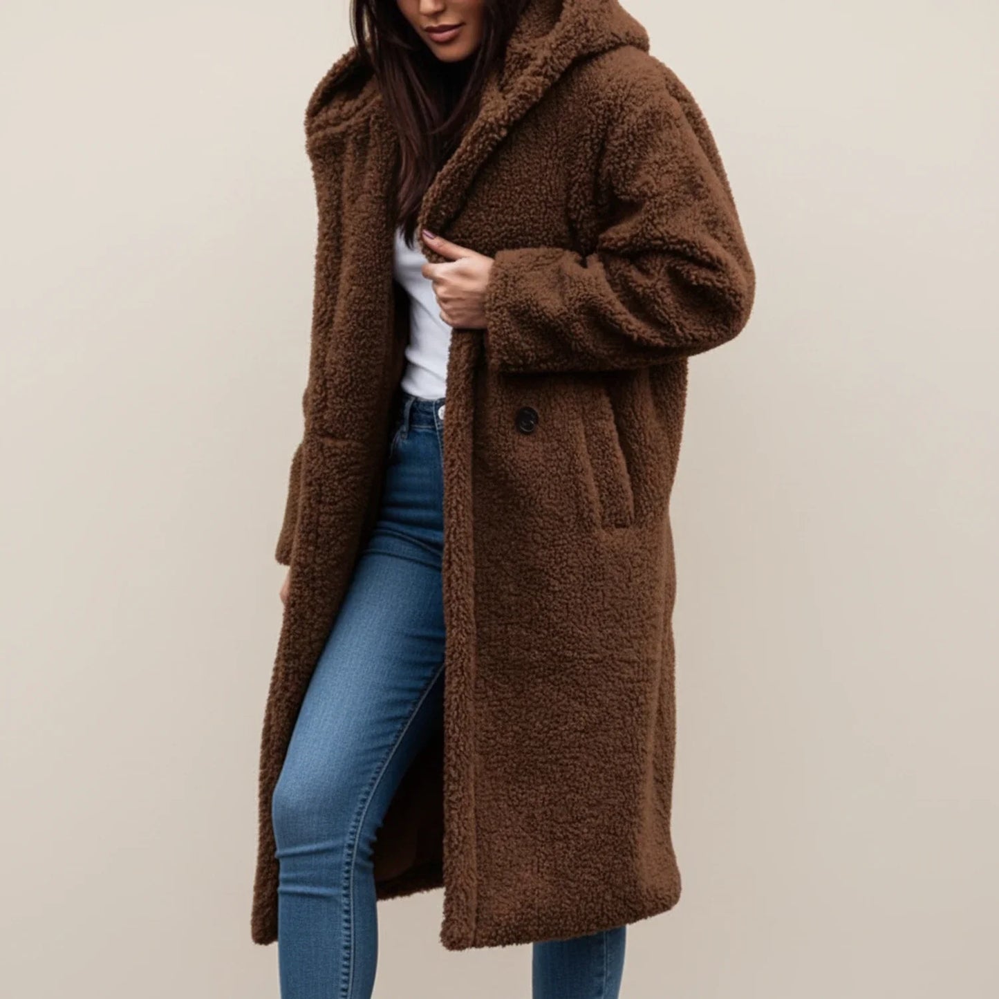Manteau d'hiver long à capuche en teddy pour femme
