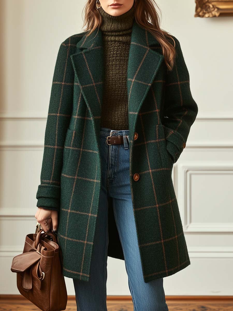 Manteau d'hiver mi-long à carreaux pour femme