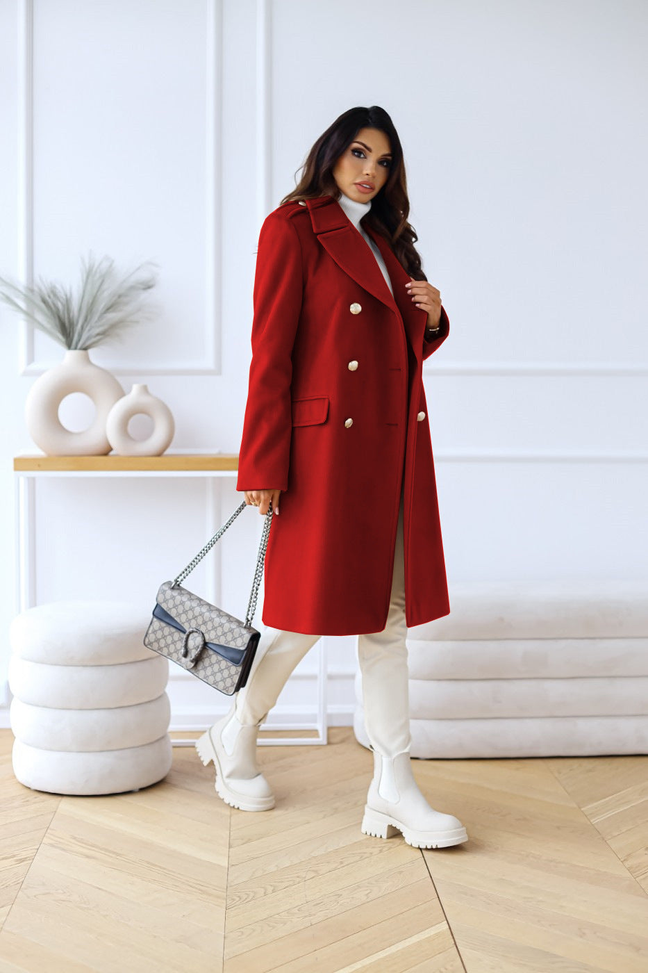 Manteau long à double boutonnage pour femme