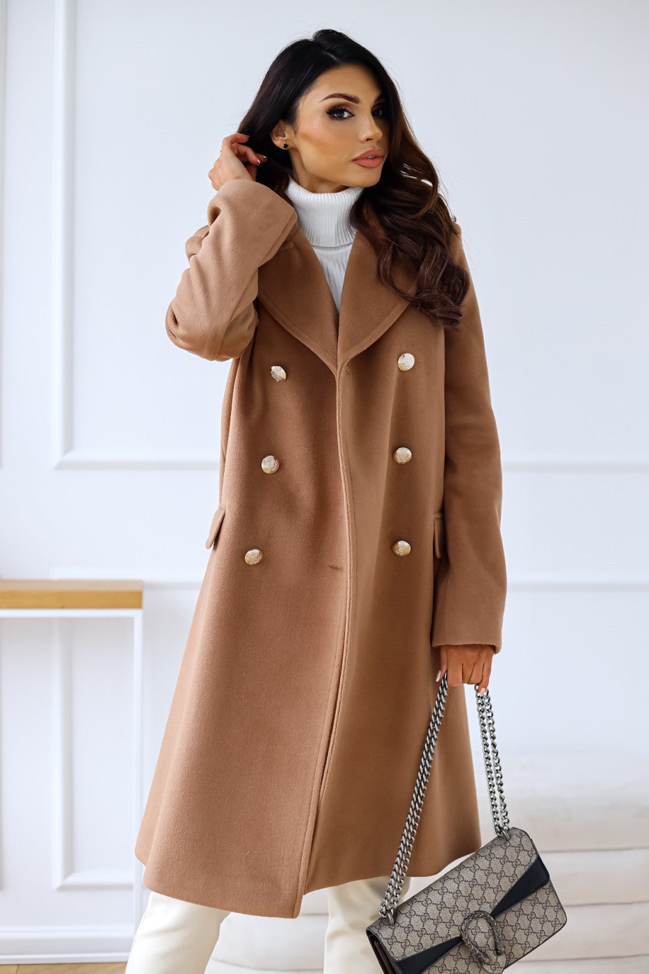 Manteau long à double boutonnage pour femme