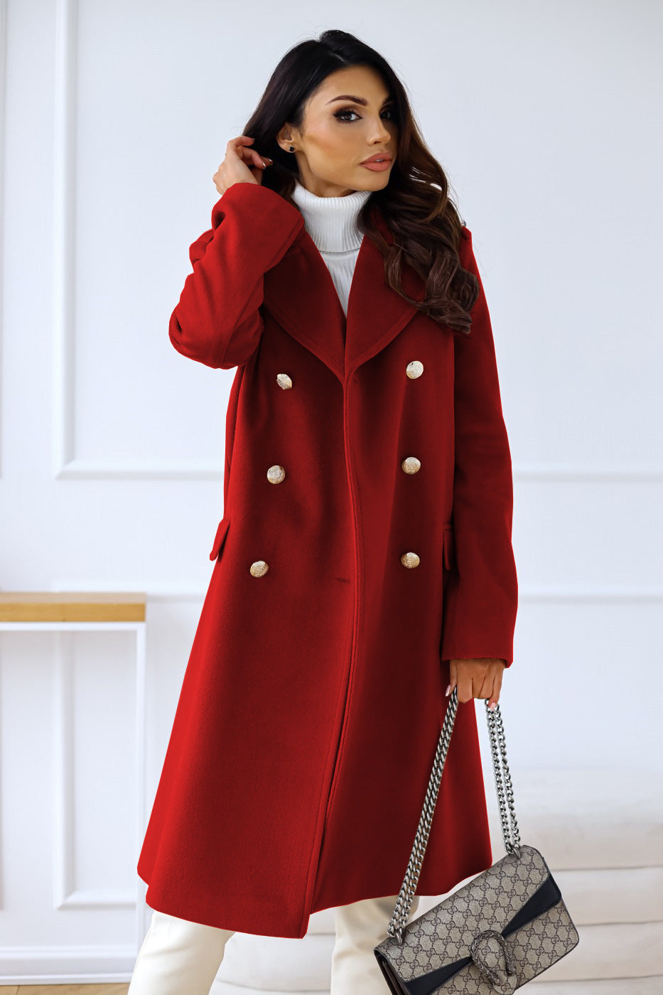 Manteau long à double boutonnage pour femme