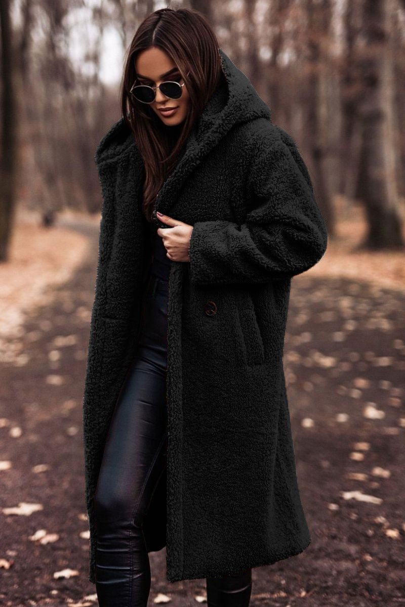 Manteau long en peluche à capuche pour femme