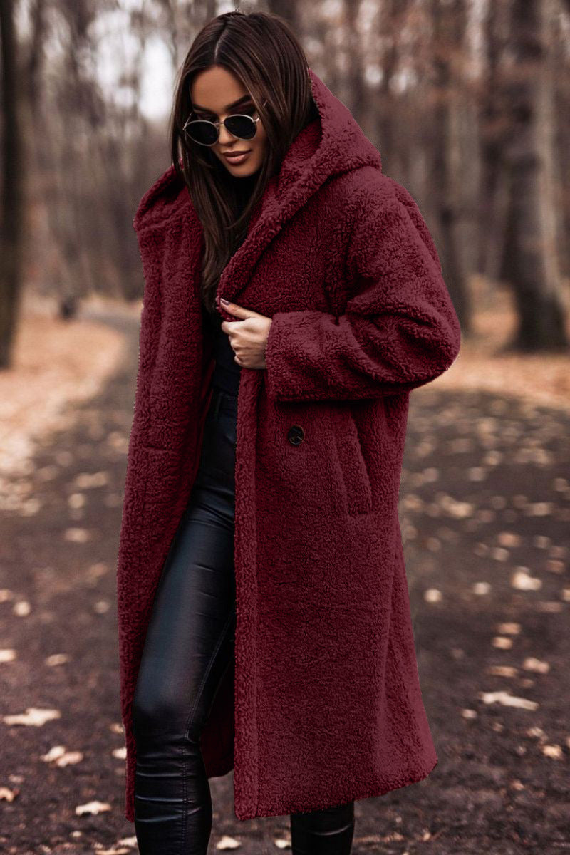 Manteau long en peluche à capuche pour femme