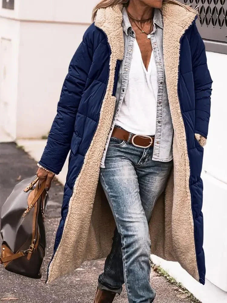Manteau long en polaire réversible à capuche – chaleur et style pour l’hiver