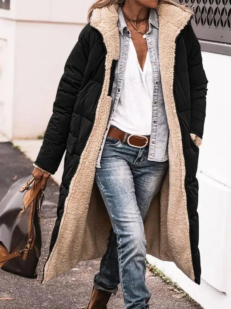 Manteau long en polaire réversible à capuche – chaleur et style pour l’hiver