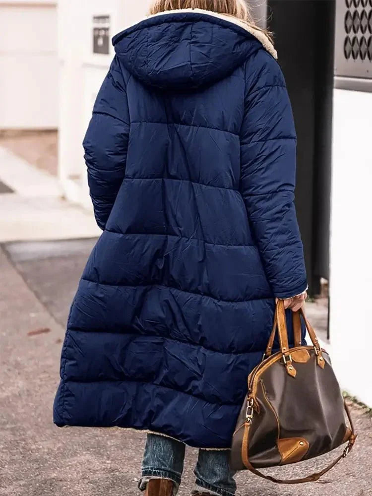 Manteau long en polaire réversible à capuche – chaleur et style pour l’hiver