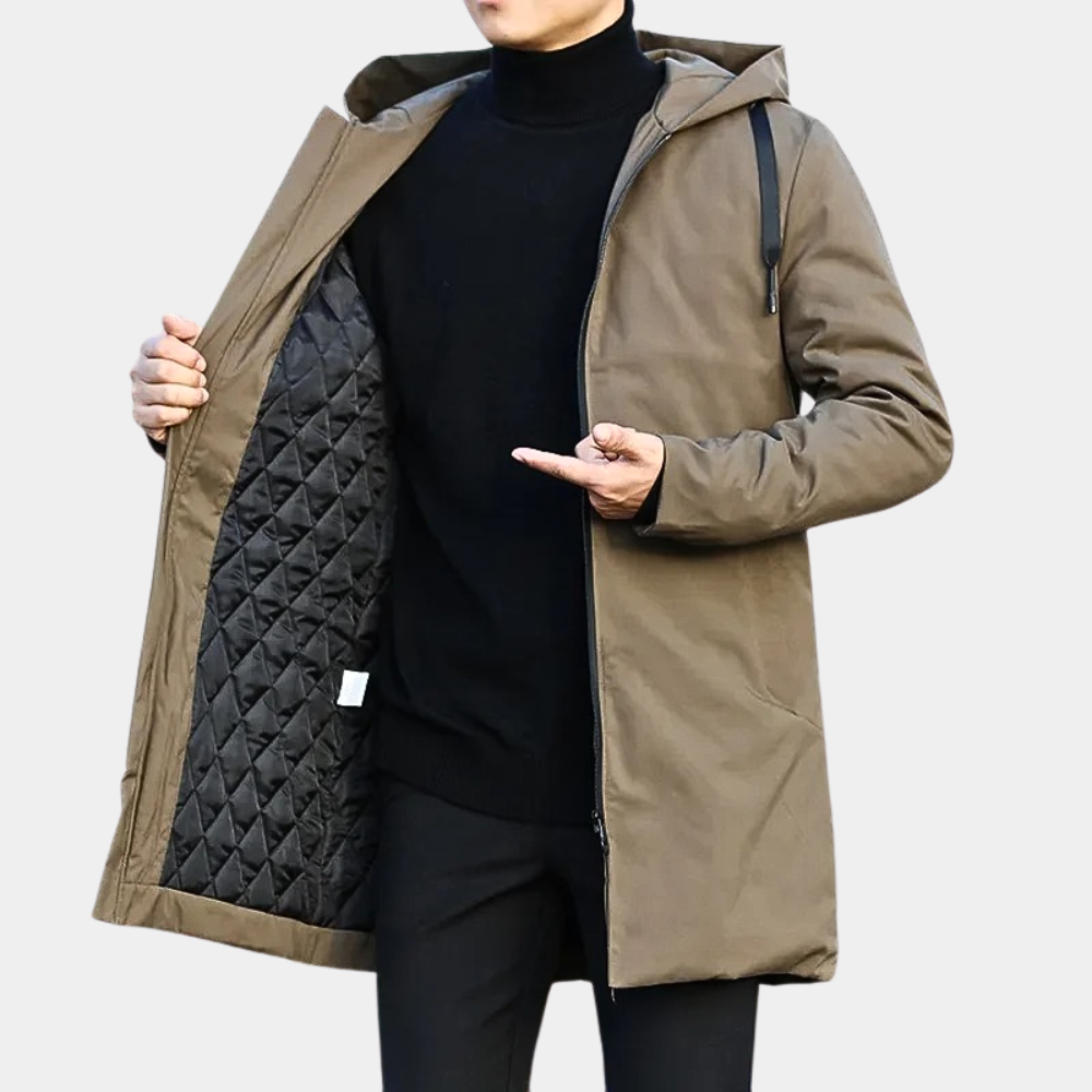 Manteau matelassé mi-long à capuche pour homme