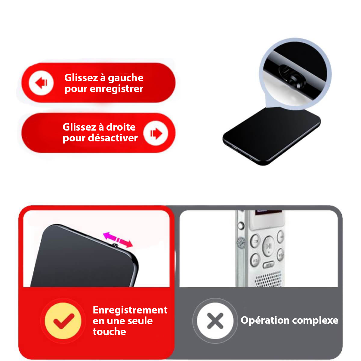 Micro-enregistreur vocal fin pour capture audio discrète
