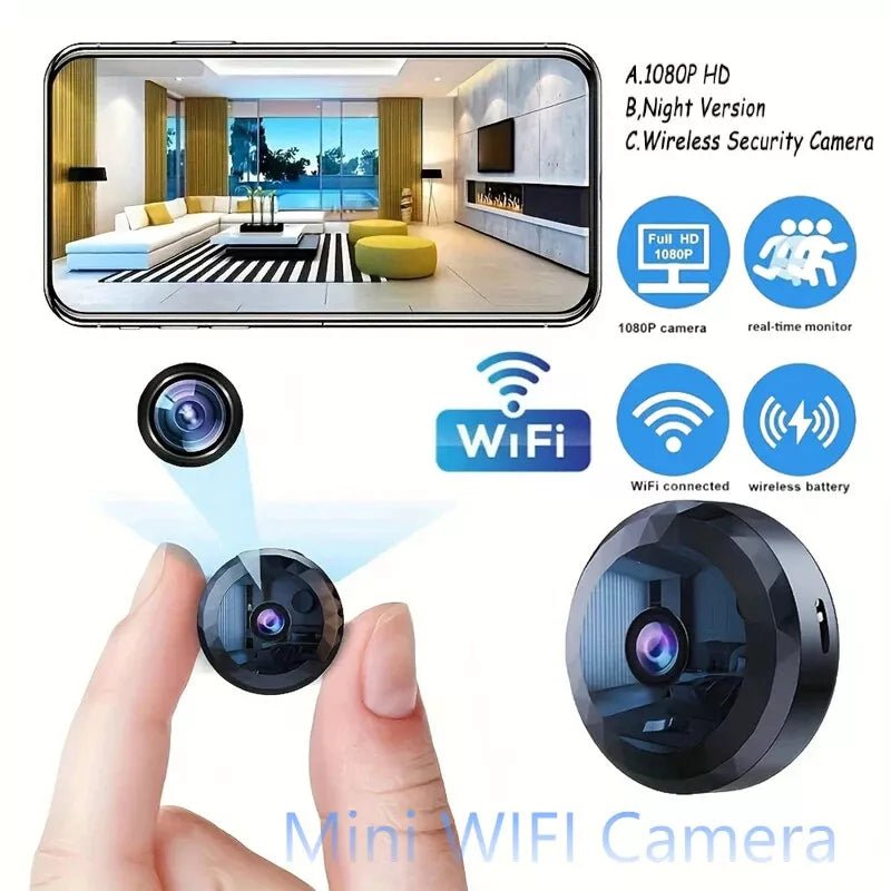 Mini caméra Wi‑Fi: HD 1080p, vision nocturne, détection de mouvement