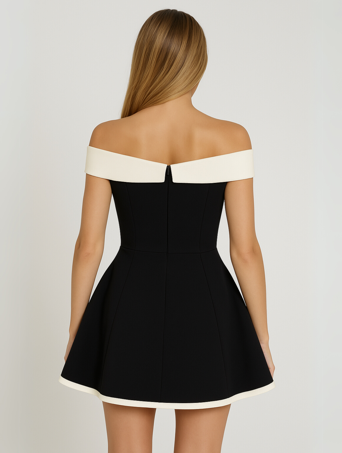 Mini-robe à épaules dénudées contrastée intemporelle