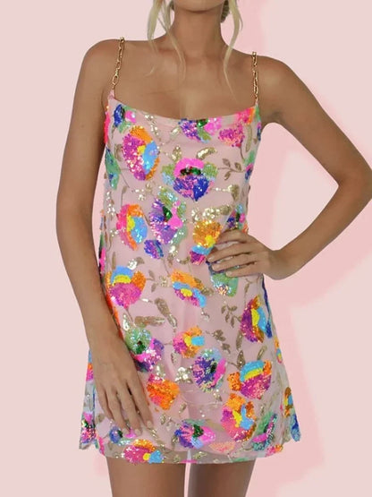 Mini-robe nuisette fleurie pour femme - bretelles en chaîne, dos nu