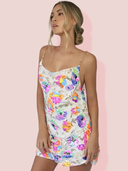 Mini-robe nuisette fleurie pour femme - bretelles en chaîne, dos nu