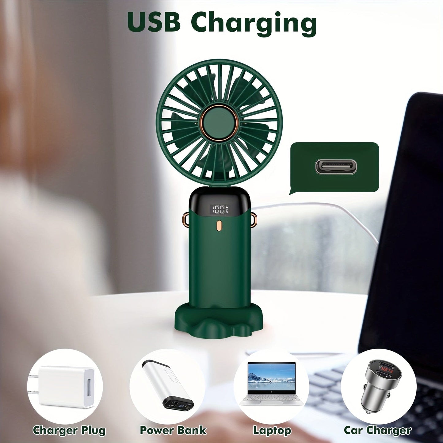 Mini ventilateur portable à main rechargeable par USB avec écran LED, 5 vitesses, pliable à 90°, alimenté par batterie, pour le bureau, la chambre, l’extérieur, le voyage, le camping, fournitures pour la rentrée scolaire