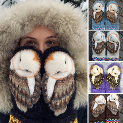 Moufles nordiques en laine tricotées à la main avec des chouettes