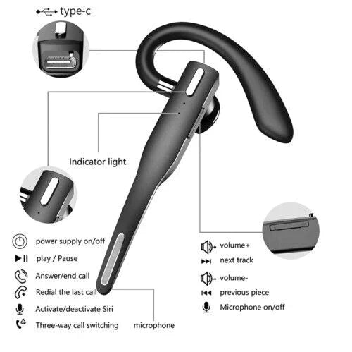 Oreillette Bluetooth 5.1 sans fil à double micro avec réduction de bruit pour routiers