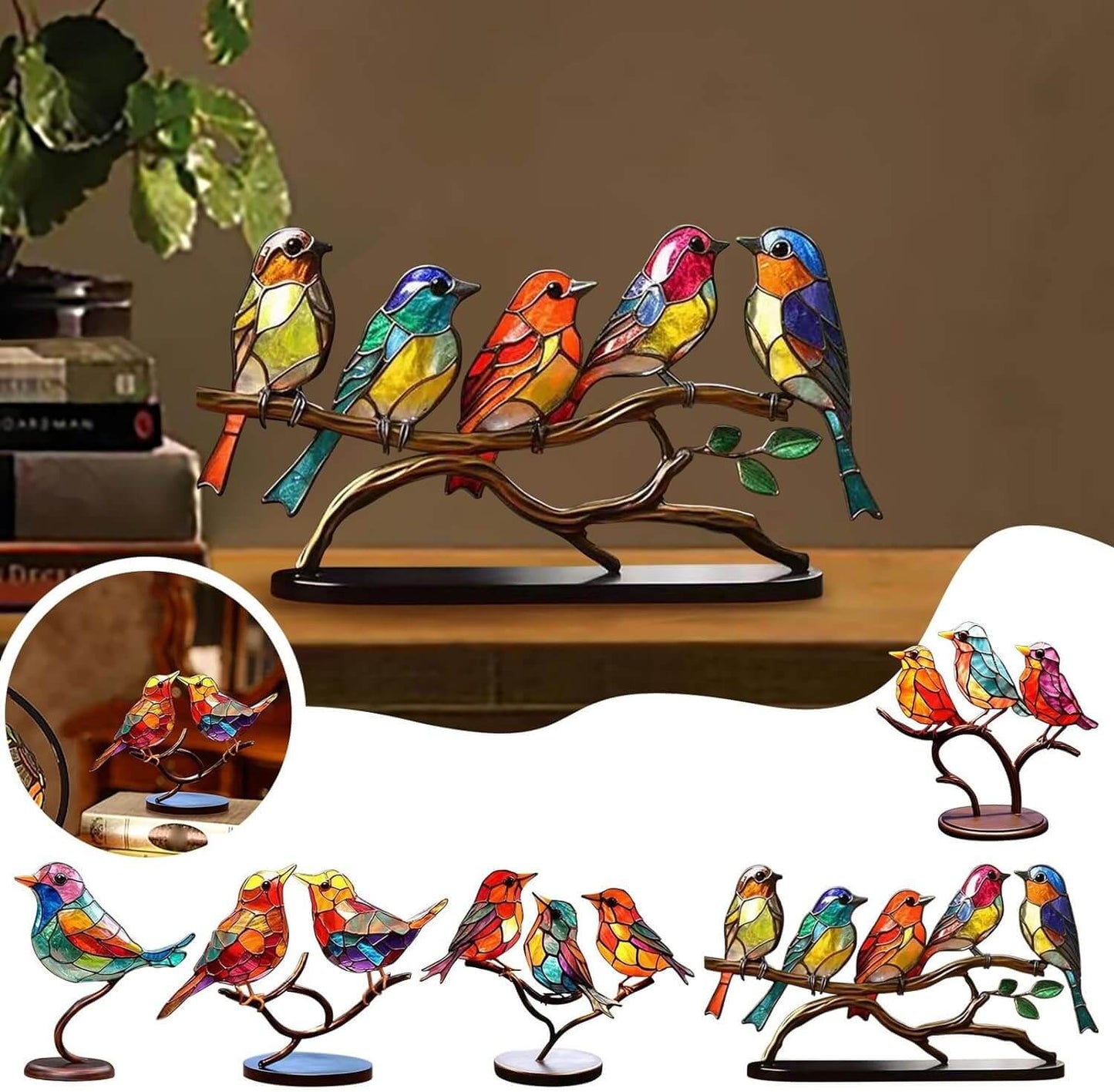 Ornements de bureau oiseaux colorés sur une branche