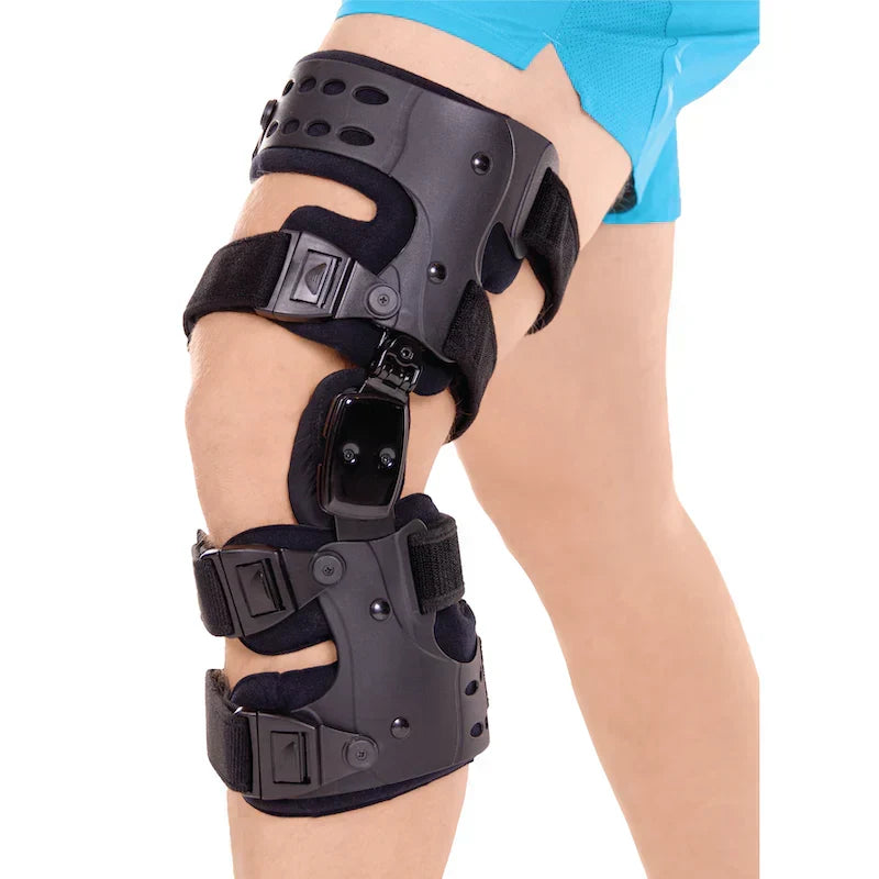 Orthèse de genou médicale de décharge pour arthrose (OA) | Orthèse pour arthrose unicompartimentale | Correction varus/valgus et contrôle de l’amplitude (ROM) | Décharge médiale et latérale | Angle de mouvement réglable