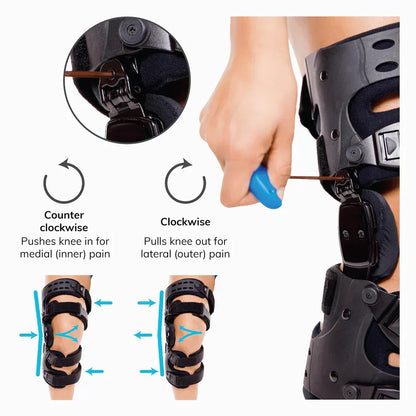Orthèse de genou médicale de décharge pour arthrose (OA) | Orthèse pour arthrose unicompartimentale | Correction varus/valgus et contrôle de l’amplitude (ROM) | Décharge médiale et latérale | Angle de mouvement réglable