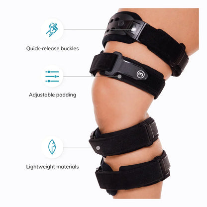 Orthèse de genou médicale de décharge pour arthrose (OA) | Orthèse pour arthrose unicompartimentale | Correction varus/valgus et contrôle de l’amplitude (ROM) | Décharge médiale et latérale | Angle de mouvement réglable