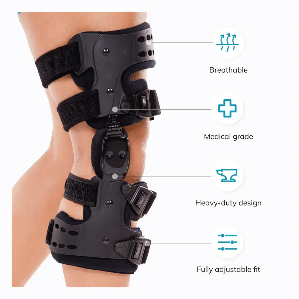 Orthèse de genou médicale de décharge pour arthrose (OA) | Orthèse pour arthrose unicompartimentale | Correction varus/valgus et contrôle de l’amplitude (ROM) | Décharge médiale et latérale | Angle de mouvement réglable
