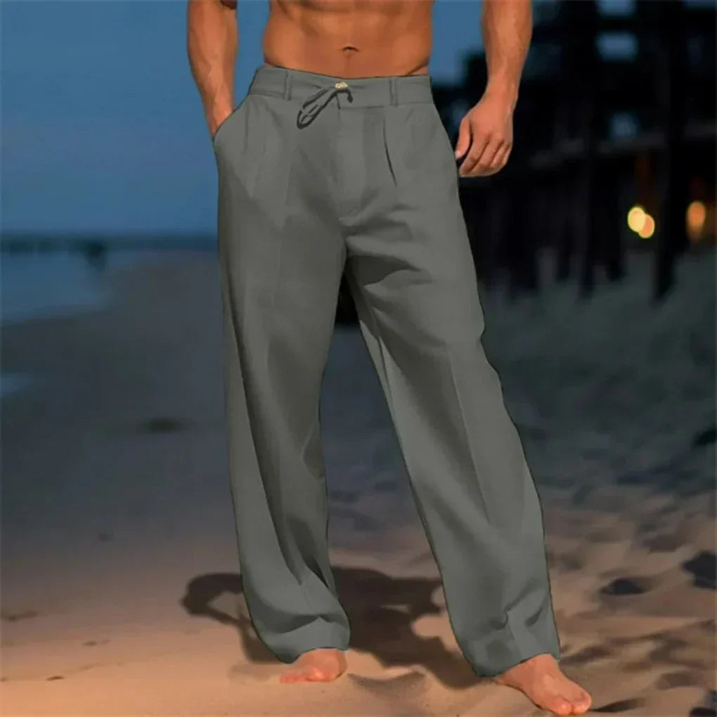 Pantalon à jambes larges en mélange de lin à pinces