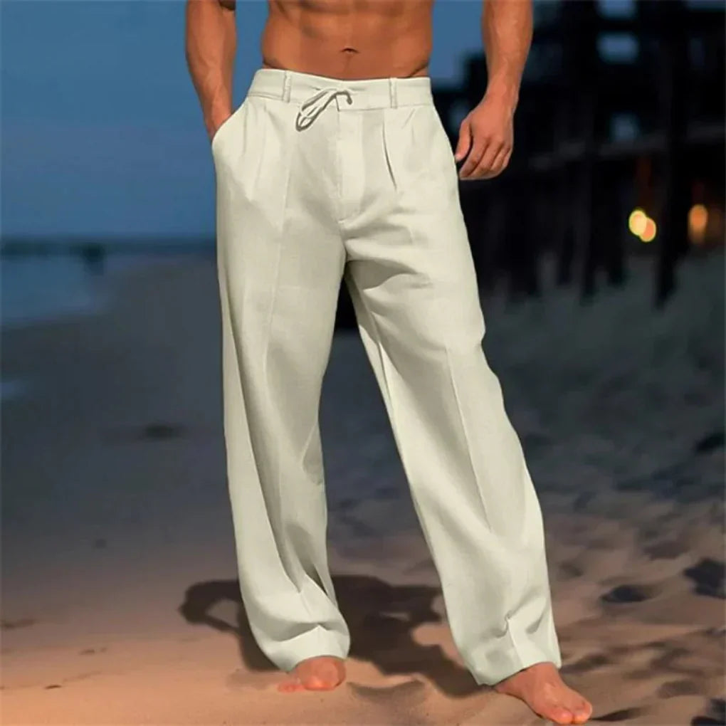 Pantalon à jambes larges en mélange de lin à pinces