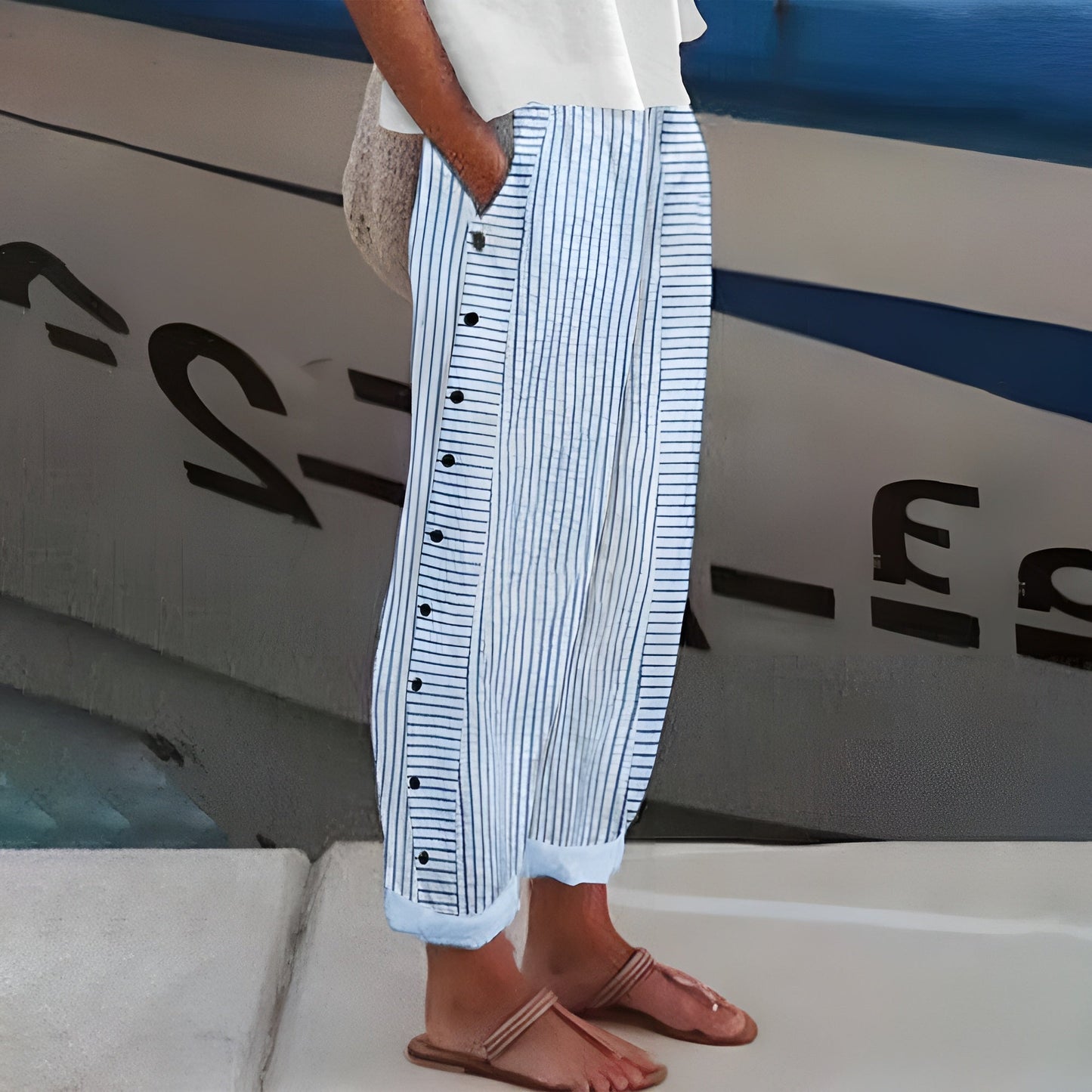Pantalon femme à rayures, taille haute, jambes larges