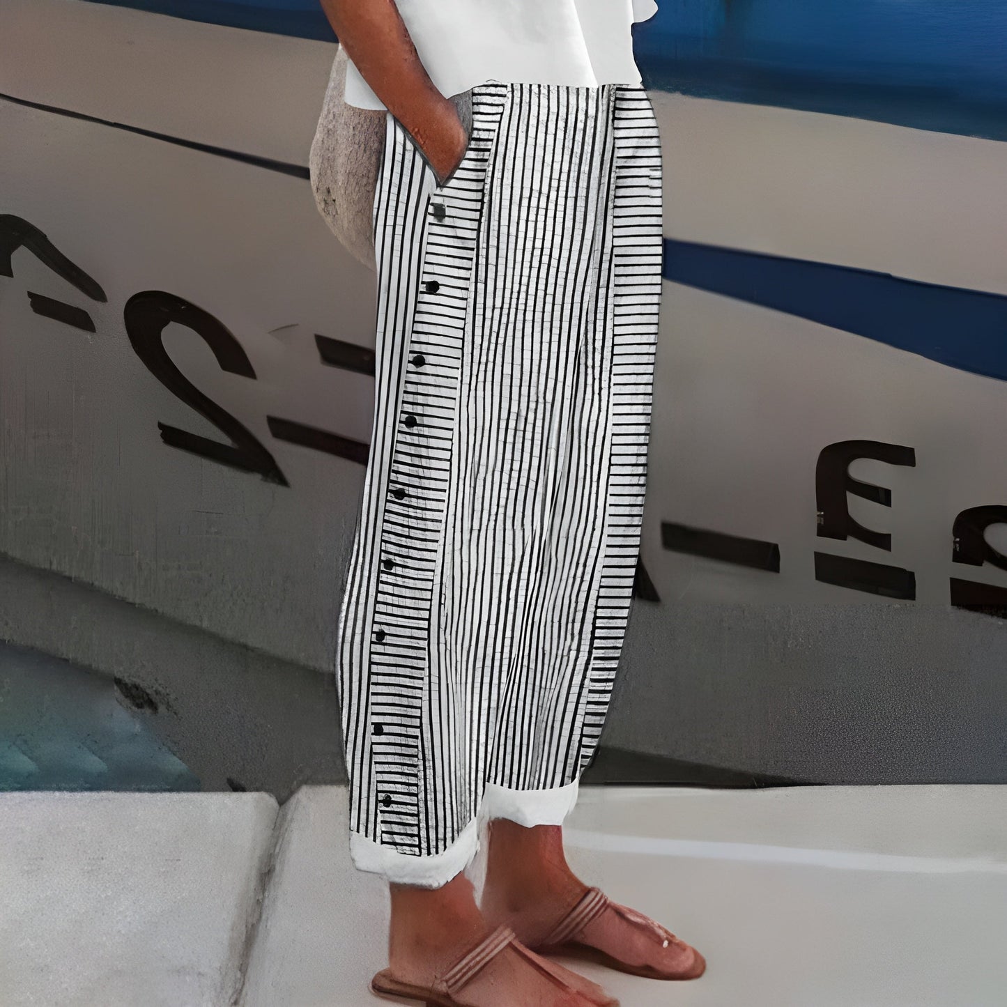 Pantalon femme à rayures, taille haute, jambes larges