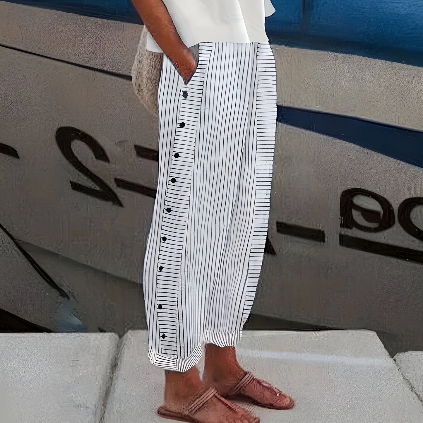 Pantalon femme à rayures, taille haute, jambes larges