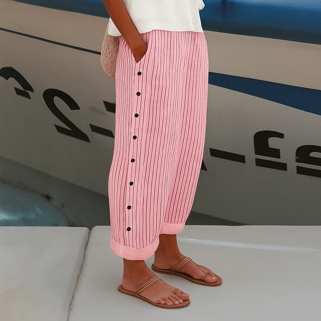 Pantalon femme à rayures, taille haute, jambes larges