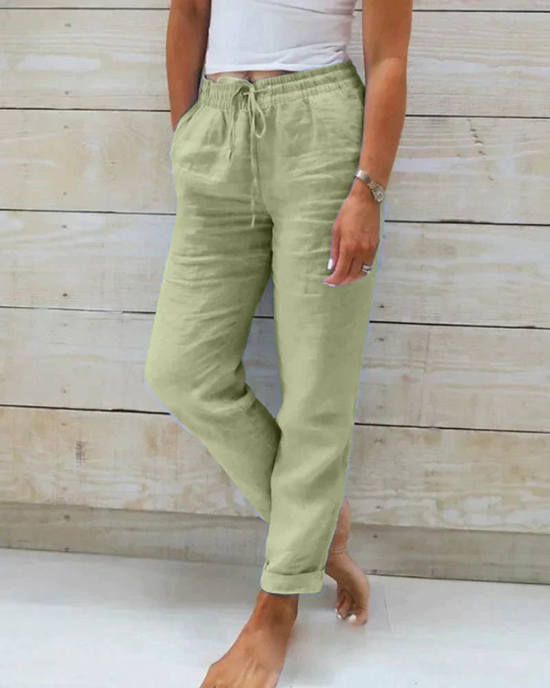 Pantalon femme en lin à taille coulissée, coupe décontractée